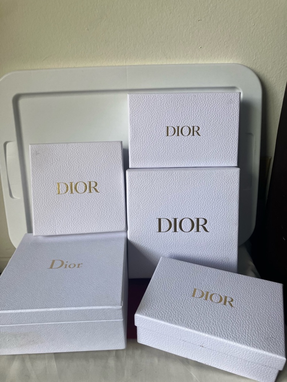 Lot 5 DIOR White Textured Gold Lettering Gift Storage Boxes Empty.